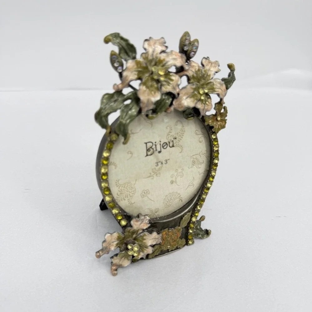 Bijou Picture Frame Floral Enamel Rhinestone VTG Art Nouveau Style 3x3 Whimsical